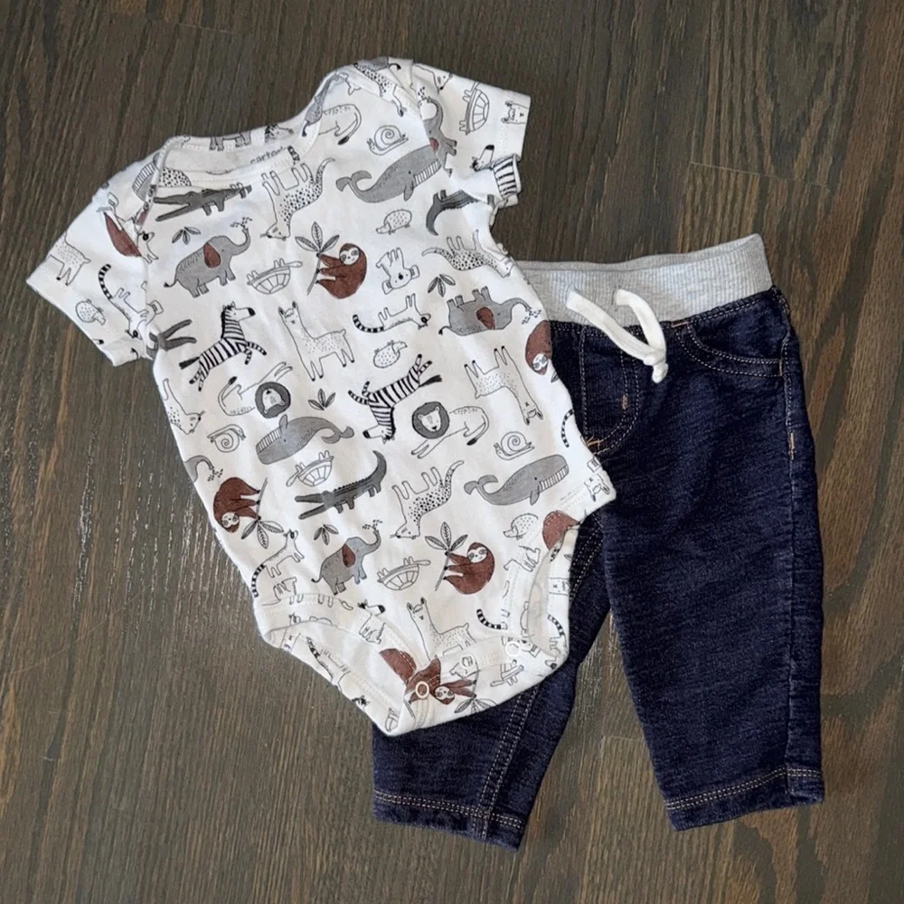 Carter’s Animal Print Onesie and Pull-On Knit Denim Pants Set | 6M
